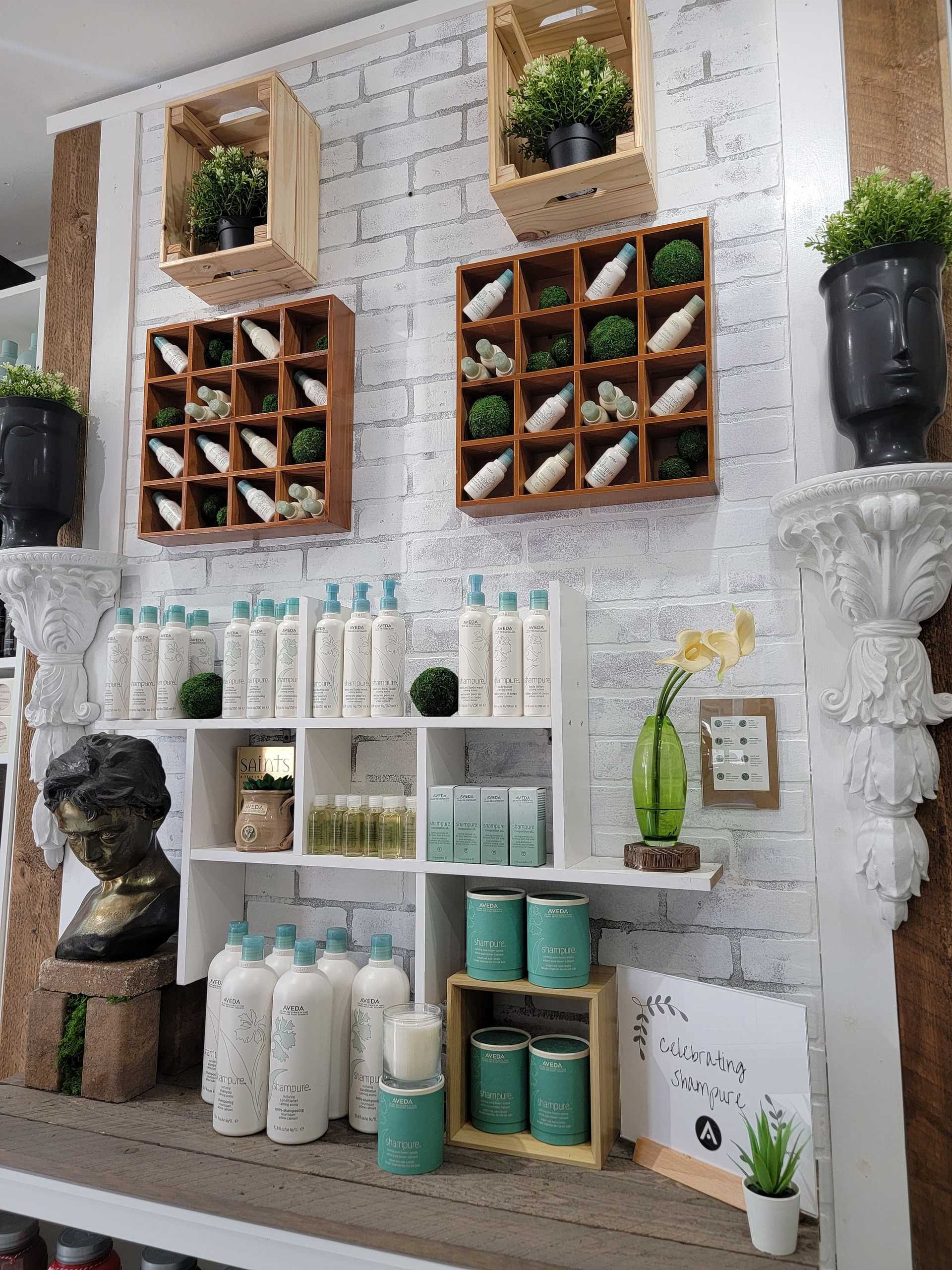 Organic beauty products displayed on shelves with decorative plants.